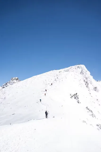 Trekkers walking through a snowy Himalayan landscape