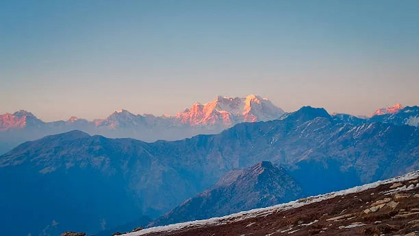 Sunlight on distant Himalayan peaks